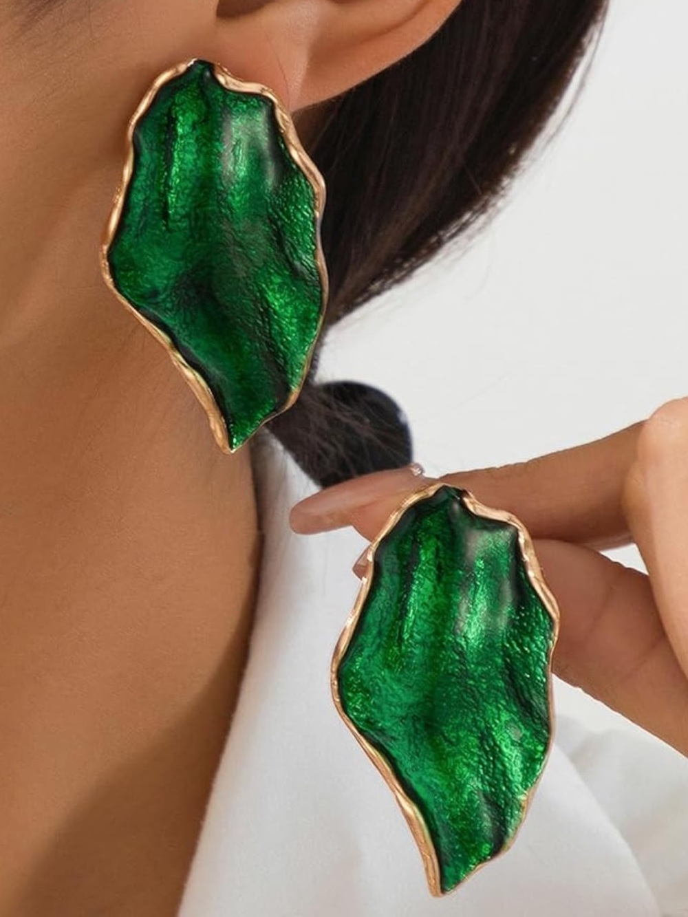 Anthropologie Green Leaf-Shape Gold-Trim Earrings